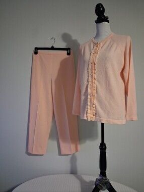 Women's Vintage Peach Two-Piece Pants and Cardigan Set Size 16